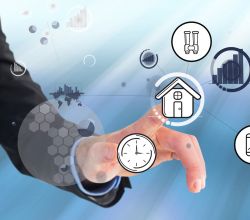composite of hand pointing at graphics with blue background